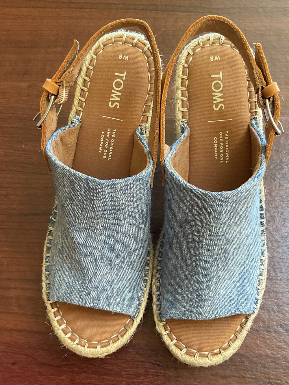 TOMS  Monica Blue Denim and Brown Slip-On Espadrille size 8